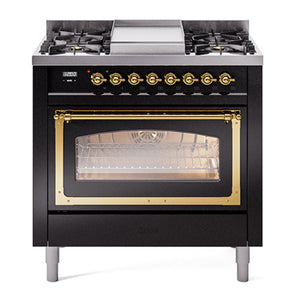 ILVE Nostalgie II 36-Inch Dual Fuel Range with 6 Sealed Burners + Griddle, 3.5 cu. ft. Oven, Glossy Black with Brass Trim, Natural Gas, Triple Glass Door, UN36FNMPBKG