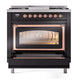 ILVE Nostalgie II 36-Inch Dual Fuel Range with 6 Sealed Burners + Griddle, 3.5 cu. ft. Oven, Glossy Black with Copper Trim, Liquid Propane, Triple Glass Door, UN36FNMPBKPLP