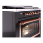 ILVE Nostalgie II 36-Inch Dual Fuel Range with 6 Sealed Burners + Griddle, 3.5 cu. ft. Oven, Glossy Black with Copper Trim, Natural Gas, Triple Glass Door, UN36FNMPBKP