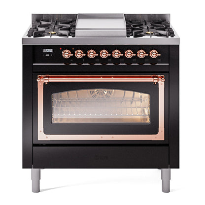 ILVE Nostalgie II 36-Inch Dual Fuel Range with 6 Sealed Burners + Griddle, 3.5 cu. ft. Oven, Glossy Black with Copper Trim, Natural Gas, Triple Glass Door, UN36FNMPBKP