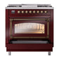 ILVE Nostalgie II 36-Inch Dual Fuel Range with 6 Sealed Burners + Griddle, 3.5 cu. ft. Oven, Burgundy with Burnished Trim, Liquid Propane, Triple Glass Door, UN36FNMPBUBLP