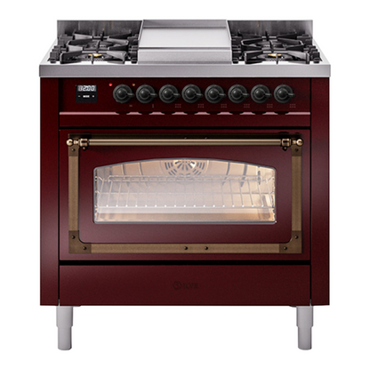 ILVE Nostalgie II 36-Inch Dual Fuel Range with 6 Sealed Burners + Griddle, 3.5 cu. ft. Oven, Burgundy with Burnished Trim, Liquid Propane, Triple Glass Door, UN36FNMPBUBLP