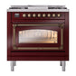 ILVE Nostalgie II 36-Inch Dual Fuel Range with 6 Sealed Burners + Griddle, 3.5 cu. ft. Oven, Burgundy with Burnished Trim, Natural Gas, Triple Glass Door, UN36FNMPBUB