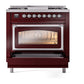 ILVE Nostalgie II 36-Inch Dual Fuel Range with 6 Sealed Burners + Griddle, 3.5 cu. ft. Oven, Burgundy with Chrome Trim, Liquid Propane, Triple Glass Door, UN36FNMPBUCLP