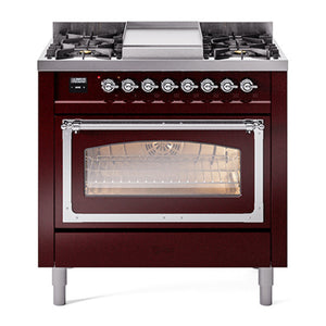 ILVE Nostalgie II 36-Inch Dual Fuel Range with 6 Sealed Burners + Griddle, 3.5 cu. ft. Oven, Burgundy with Chrome Trim, Liquid Propane, Triple Glass Door, UN36FNMPBUCLP