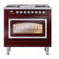 ILVE Nostalgie II 36-Inch Dual Fuel Range with 6 Sealed Burners + Griddle, 3.5 cu. ft. Oven, Burgundy with Chrome Trim, Natural Gas, Triple Glass Door, UN36FNMPBUC