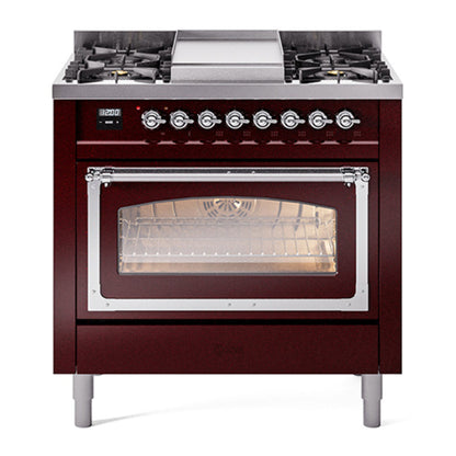 ILVE Nostalgie II 36-Inch Dual Fuel Range with 6 Sealed Burners + Griddle, 3.5 cu. ft. Oven, Burgundy with Chrome Trim, Natural Gas, Triple Glass Door, UN36FNMPBUC