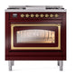 ILVE Nostalgie II 36-Inch Dual Fuel Range with 6 Sealed Burners + Griddle, 3.5 cu. ft. Oven, Burgundy with Brass Trim, Liquid Propane, Triple Glass Door, UN36FNMPBUGLP