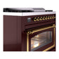 ILVE Nostalgie II 36-Inch Dual Fuel Range with 6 Sealed Burners + Griddle, 3.5 cu. ft. Oven, Burgundy with Brass Trim, Liquid Propane, Triple Glass Door, UN36FNMPBUGLP