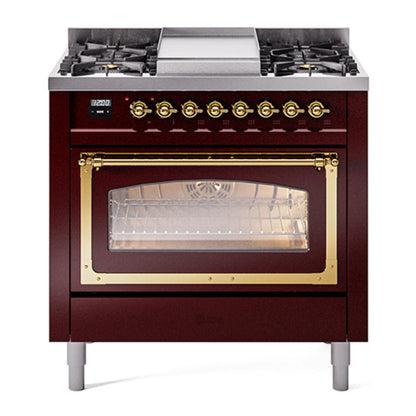 ILVE Nostalgie II 36-Inch Dual Fuel Range with 6 Sealed Burners + Griddle, 3.5 cu. ft. Oven, Burgundy with Brass Trim, Natural Gas, Triple Glass Door, UN36FNMPBUG