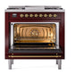 ILVE Nostalgie II 36-Inch Dual Fuel Range with 6 Sealed Burners + Griddle, 3.5 cu. ft. Oven, Burgundy with Brass Trim, Natural Gas, Triple Glass Door, UN36FNMPBUG