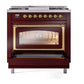 ILVE Nostalgie II 36-Inch Dual Fuel Range with 6 Sealed Burners + Griddle, 3.5 cu. ft. Oven, Burgundy with Brass Trim, Natural Gas, Triple Glass Door, UN36FNMPBUG