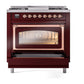 ILVE Nostalgie II 36-Inch Dual Fuel Range with 6 Sealed Burners + Griddle, 3.5 cu. ft. Oven, Burgundy with Copper Trim, Liquid Propane, Triple Glass Door, UN36FNMPBUPLP