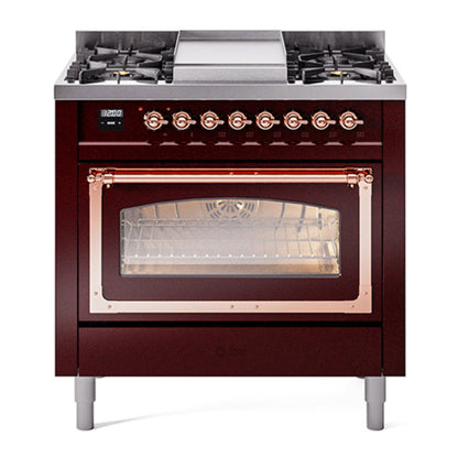 ILVE Nostalgie II 36-Inch Dual Fuel Range with 6 Sealed Burners + Griddle, 3.5 cu. ft. Oven, Burgundy with Copper Trim, Liquid Propane, Triple Glass Door, UN36FNMPBUPLP