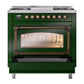 ILVE Nostalgie II 36-Inch Dual Fuel Range with 6 Sealed Burners + Griddle, 3.5 cu. ft. Oven, Emerald Green with Burnished Trim, Liquid Propane, Triple Glass Door, UN36FNMPEGBLP