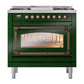 ILVE Nostalgie II 36-Inch Dual Fuel Range with 6 Sealed Burners + Griddle, 3.5 cu. ft. Oven, Emerald Green with Burnished Trim, Natural Gas, Triple Glass Door, UN36FNMPEGB