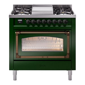 ILVE Nostalgie II 36-Inch Dual Fuel Range with 6 Sealed Burners + Griddle, 3.5 cu. ft. Oven, Emerald Green with Burnished Trim, Natural Gas, Triple Glass Door, UN36FNMPEGB