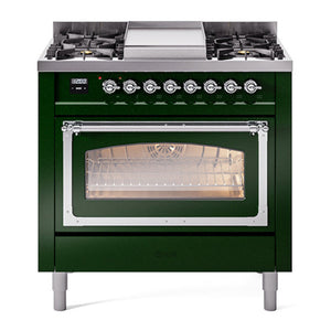 ILVE Nostalgie II 36-Inch Dual Fuel Range with 6 Sealed Burners + Griddle, 3.5 cu. ft. Oven, Emerald Green with Chrome Trim, Natural Gas, Triple Glass Door, UN36FNMPEGC