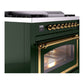 ILVE Nostalgie II 36-Inch Dual Fuel Range with 6 Sealed Burners + Griddle, 3.5 cu. ft. Oven, Emerald Green with Brass Trim, Liquid Propane, Triple Glass Door, UN36FNMPEGGLP