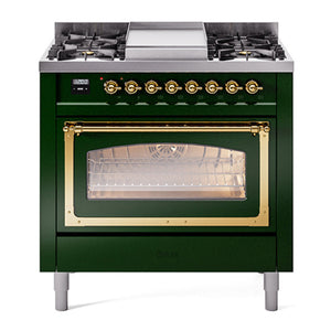 ILVE Nostalgie II 36-Inch Dual Fuel Range with 6 Sealed Burners + Griddle, 3.5 cu. ft. Oven, Emerald Green with Brass Trim, Liquid Propane, Triple Glass Door, UN36FNMPEGGLP