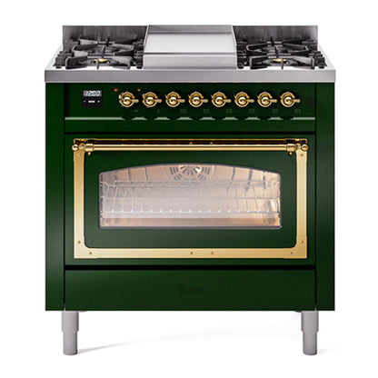 ILVE Nostalgie II 36-Inch Dual Fuel Range with 6 Sealed Burners + Griddle, 3.5 cu. ft. Oven, Emerald Green with Brass Trim, Natural Gas, Triple Glass Door, UN36FNMPEGG
