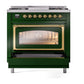 ILVE Nostalgie II 36-Inch Dual Fuel Range with 6 Sealed Burners + Griddle, 3.5 cu. ft. Oven, Emerald Green with Brass Trim, Natural Gas, Triple Glass Door, UN36FNMPEGG