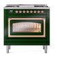 ILVE Nostalgie II 36-Inch Dual Fuel Range with 6 Sealed Burners + Griddle, 3.5 cu. ft. Oven, Emerald Green with Copper Trim, Liquid Propane, Triple Glass Door, UN36FNMPEGPLP