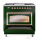 ILVE Nostalgie II 36-Inch Dual Fuel Range with 6 Sealed Burners + Griddle, 3.5 cu. ft. Oven, Emerald Green with Copper Trim, Liquid Propane, Triple Glass Door, UN36FNMPEGPLP