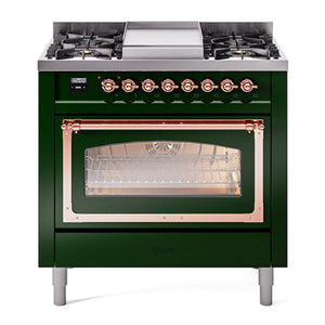 ILVE Nostalgie II 36-Inch Dual Fuel Range with 6 Sealed Burners + Griddle, 3.5 cu. ft. Oven, Emerald Green with Copper Trim, Liquid Propane, Triple Glass Door, UN36FNMPEGPLP