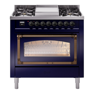 ILVE Nostalgie II 36-Inch Dual Fuel Range with 6 Sealed Burners + Griddle, 3.5 cu. ft. Oven, Midnight Blue with Burnished Trim, Liquid Propane, Triple Glass Door, UN36FNMPMBBLP