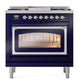 ILVE Nostalgie II 36-Inch Dual Fuel Range with 6 Sealed Burners + Griddle, 3.5 cu. ft. Oven, Midnight Blue with Chrome Trim, Liquid Propane, Triple Glass Door, UN36FNMPMBCLP