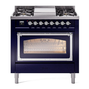 ILVE Nostalgie II 36-Inch Dual Fuel Range with 6 Sealed Burners + Griddle, 3.5 cu. ft. Oven, Midnight Blue with Chrome Trim, Liquid Propane, Triple Glass Door, UN36FNMPMBCLP