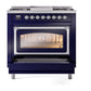 ILVE Nostalgie II 36-Inch Dual Fuel Range with 6 Sealed Burners + Griddle, 3.5 cu. ft. Oven, Midnight Blue with Chrome Trim, Natural Gas, Triple Glass Door, UN36FNMPMBC