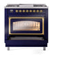 ILVE Nostalgie II 36-Inch Dual Fuel Range with 6 Sealed Burners + Griddle, 3.5 cu. ft. Oven, Midnight Blue with Brass Trim, Liquid Propane, Triple Glass Door, UN36FNMPMBGLP