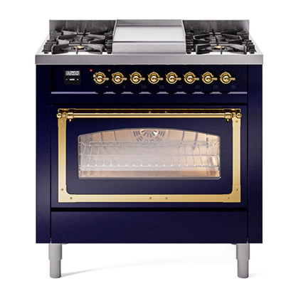ILVE Nostalgie II 36-Inch Dual Fuel Range with 6 Sealed Burners + Griddle, 3.5 cu. ft. Oven, Midnight Blue with Brass Trim, Liquid Propane, Triple Glass Door, UN36FNMPMBGLP