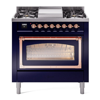 ILVE Nostalgie II 36-Inch Dual Fuel Range with 6 Sealed Burners + Griddle, 3.5 cu. ft. Oven, Midnight Blue with Copper Trim, Liquid Propane, Triple Glass Door, UN36FNMPMBPLP