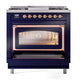 ILVE Nostalgie II 36-Inch Dual Fuel Range with 6 Sealed Burners + Griddle, 3.5 cu. ft. Oven, Midnight Blue with Copper Trim, Liquid Propane, Triple Glass Door, UN36FNMPMBPLP