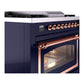 ILVE Nostalgie II 36-Inch Dual Fuel Range with 6 Sealed Burners + Griddle, 3.5 cu. ft. Oven, Midnight Blue with Copper Trim, Liquid Propane, Triple Glass Door, UN36FNMPMBPLP