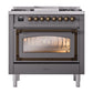 ILVE Nostalgie II 36-Inch Dual Fuel Range with 6 Sealed Burners + Griddle, 3.5 cu. ft. Oven, Graphite Matte with Burnished Trim, Natural Gas, Triple Glass Door, UN36FNMPMGB