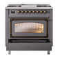 ILVE Nostalgie II 36-Inch Dual Fuel Range with 6 Sealed Burners + Griddle, 3.5 cu. ft. Oven, Graphite Matte with Burnished Trim, Natural Gas, Triple Glass Door, UN36FNMPMGB