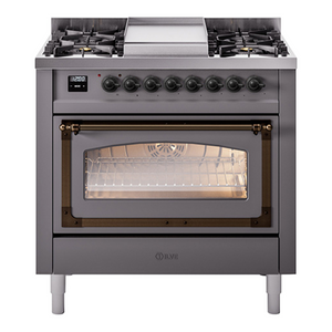 ILVE Nostalgie II 36-Inch Dual Fuel Range with 6 Sealed Burners + Griddle, 3.5 cu. ft. Oven, Graphite Matte with Burnished Trim, Natural Gas, Triple Glass Door, UN36FNMPMGB