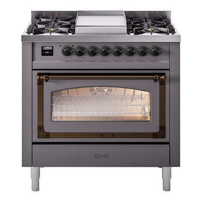 ILVE Nostalgie II 36-Inch Dual Fuel Range with 6 Sealed Burners + Griddle, 3.5 cu. ft. Oven, Graphite Matte with Burnished Trim, Natural Gas, Triple Glass Door, UN36FNMPMGB