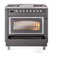 ILVE Nostalgie II 36-Inch Dual Fuel Range with 6 Sealed Burners + Griddle, 3.5 cu. ft. Oven, Graphite Matte with Chrome Trim, Liquid Propane, Triple Glass Door, UN36FNMPMGCLP