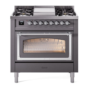 ILVE Nostalgie II 36-Inch Dual Fuel Range with 6 Sealed Burners + Griddle, 3.5 cu. ft. Oven, Graphite Matte with Chrome Trim, Liquid Propane, Triple Glass Door, UN36FNMPMGCLP
