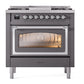 ILVE Nostalgie II 36-Inch Dual Fuel Range with 6 Sealed Burners + Griddle, 3.5 cu. ft. Oven, Graphite Matte with Chrome Trim, Natural Gas, Triple Glass Door, UN36FNMPMGC