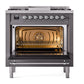 ILVE Nostalgie II 36-Inch Dual Fuel Range with 6 Sealed Burners + Griddle, 3.5 cu. ft. Oven, Graphite Matte with Chrome Trim, Natural Gas, Triple Glass Door, UN36FNMPMGC