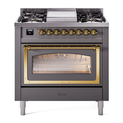 ILVE Nostalgie II 36-Inch Dual Fuel Range with 6 Sealed Burners + Griddle, 3.5 cu. ft. Oven, Graphite Matte with Brass Trim, Natural Gas, Triple Glass Door, UN36FNMPMGG