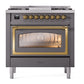 ILVE Nostalgie II 36-Inch Dual Fuel Range with 6 Sealed Burners + Griddle, 3.5 cu. ft. Oven, Graphite Matte with Brass Trim, Natural Gas, Triple Glass Door, UN36FNMPMGG