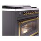 ILVE Nostalgie II 36-Inch Dual Fuel Range with 6 Sealed Burners + Griddle, 3.5 cu. ft. Oven, Graphite Matte with Brass Trim, Natural Gas, Triple Glass Door, UN36FNMPMGG