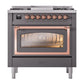 ILVE Nostalgie II 36-Inch Dual Fuel Range with 6 Sealed Burners + Griddle, 3.5 cu. ft. Oven, Graphite Matte with Copper Trim, Liquid Propane, Triple Glass Door, UN36FNMPMGPLP